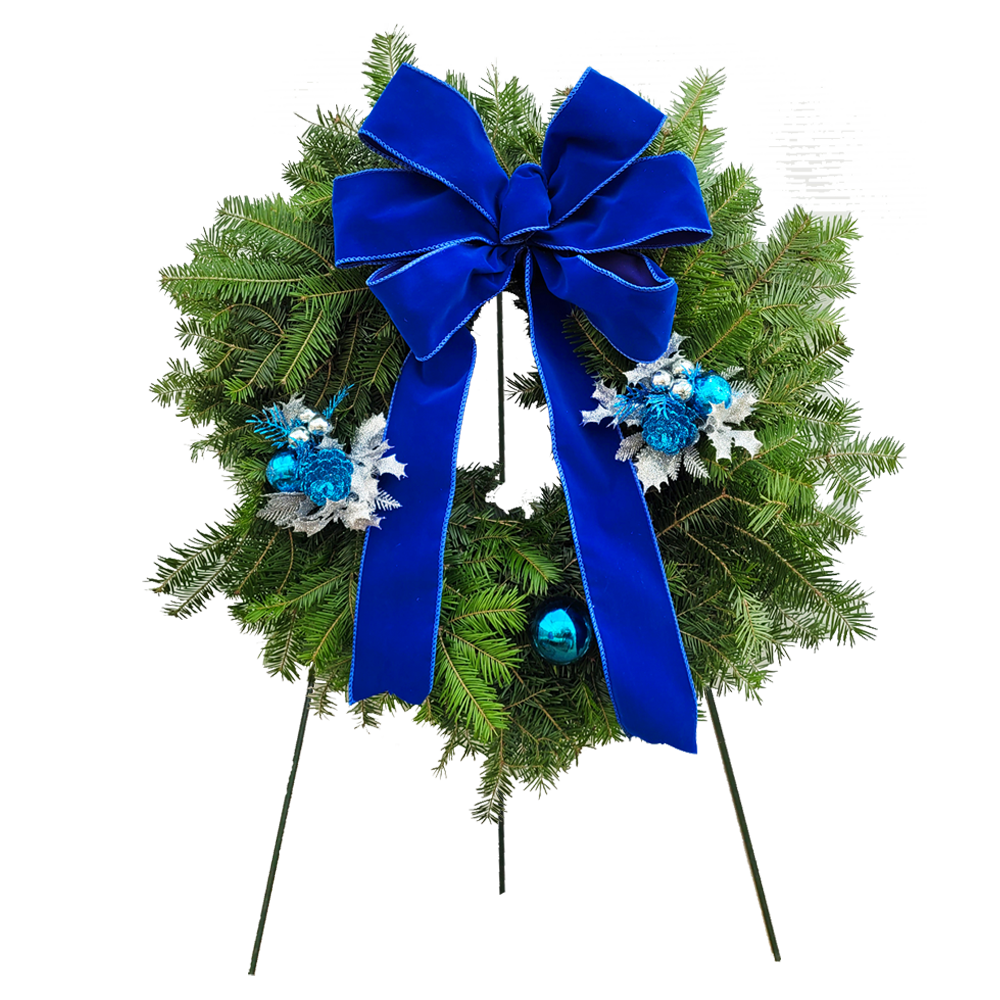 24 Fraser Fir Decorated Cemetery Blue Velvet Wreath on 36 Stand