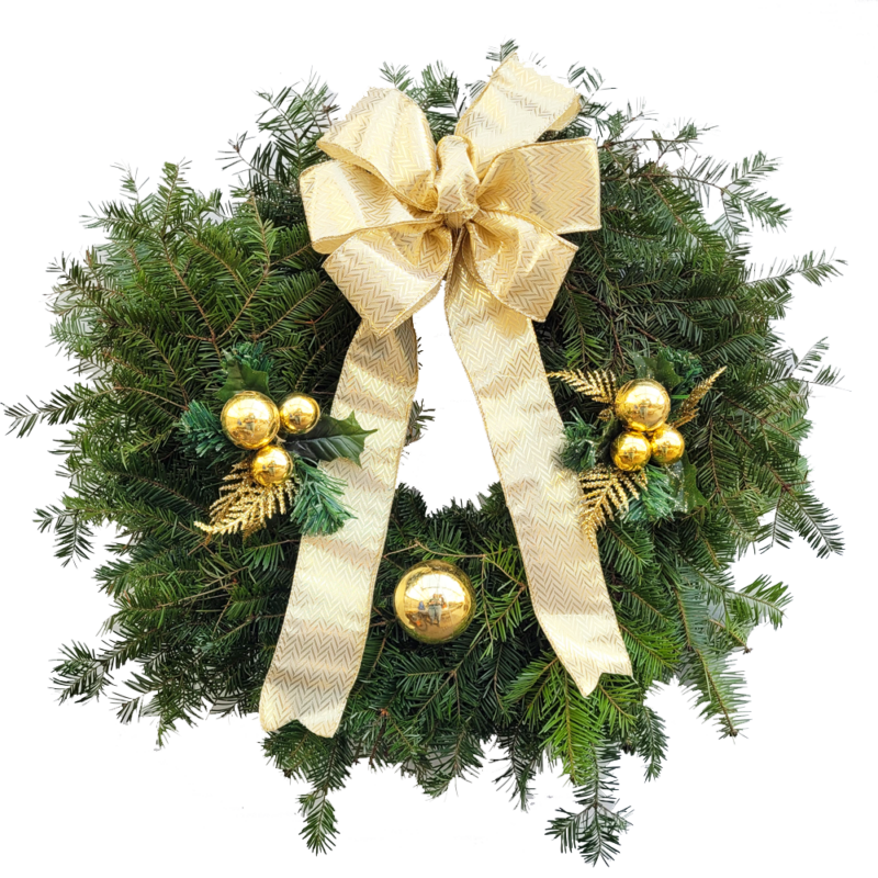 20″ Fresh Balsam Fir Decorated Gold Hanging Wreath Van Putte Gardens