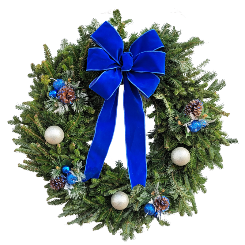 24" Fresh Fraser Fir Decorated Blue Velvet Hanging Wreath Van Putte