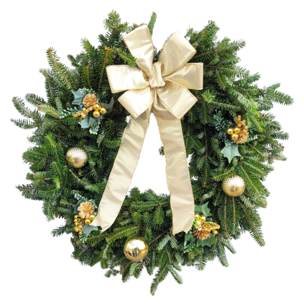 24" Fresh Frasier Fir Decorated Gold Hanging Wreath