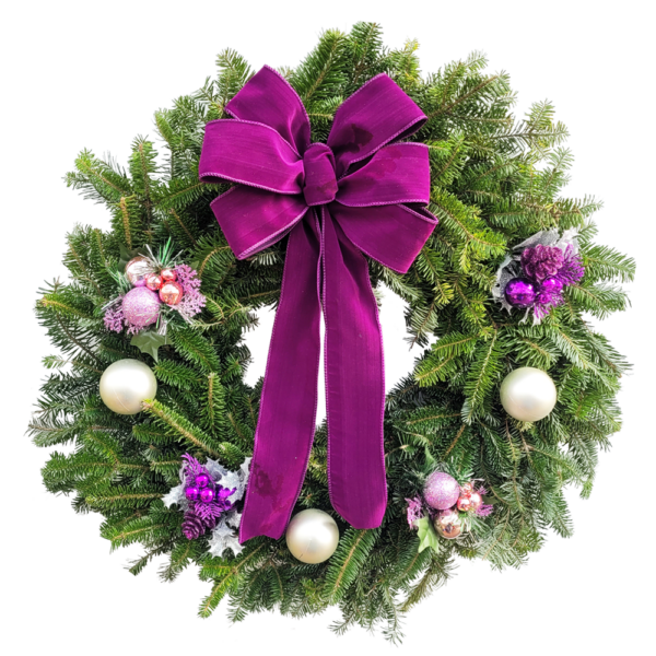 24" Fresh Fraser Fir Decorated Purple Velvet Hanging Wreath