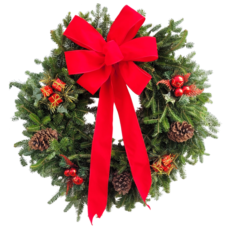 24" Fresh Fraser Fir Decorated Red Velvet Hanging Wreath Van Putte