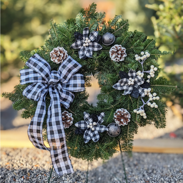 Custom Black & White Plaid 24" Fresh Balsam Fir Decorated Cemetery Wreath on 36" Stand