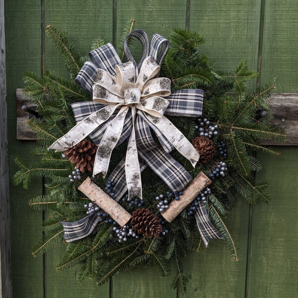 Custom Birch & Plaid 28" Fresh Balsam Fir Decorated Wreath