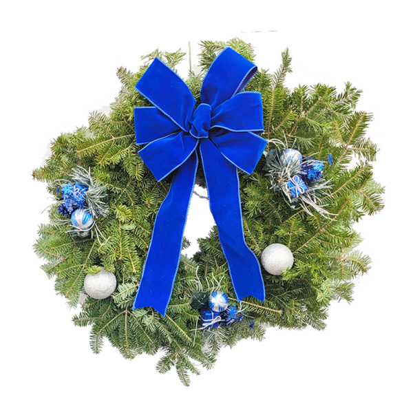 24" Fresh Balsam Fir Decorated Blue Velvet Wreath