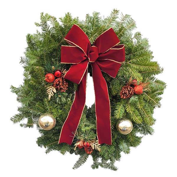 24" Fresh Balsam Fir Decorated Burgundy Velvet Wreath