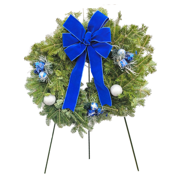 24" Fresh Balsam Fir Decorated Cemetery Blue Velvet Wreath on 36" Stand