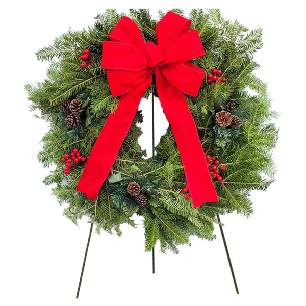 24" Fresh Balsam Fir Decorated Cemetery Red Velvet Natural Wreath on 36" Stand