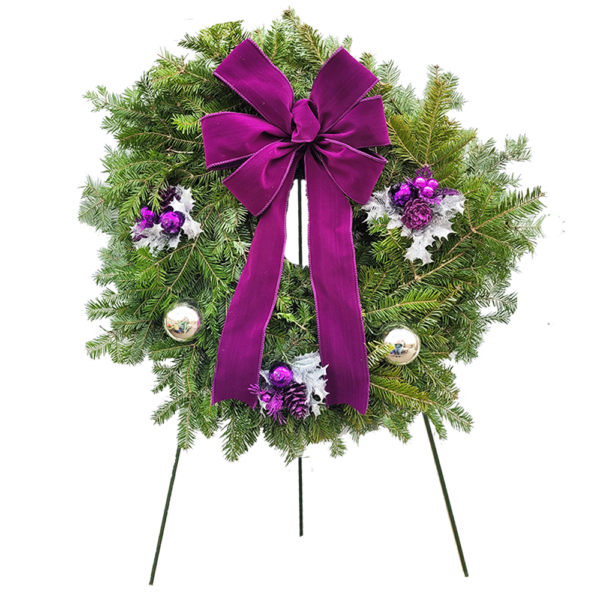 24" Fresh Balsam Fir Decorated Cemetery Purple Velvet Wreath on 36" Stand