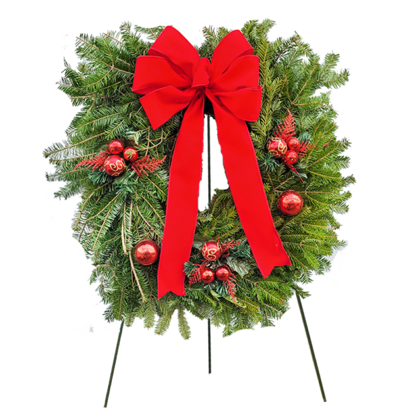 24" Fresh Balsam Fir Decorated Cemetery Red Velvet Wreath on 36" Stand