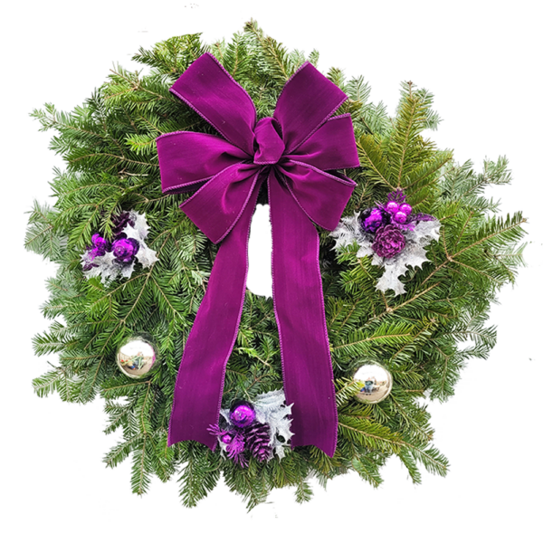 24" Fresh Balsam Fir Decorated Purple Velvet Wreath