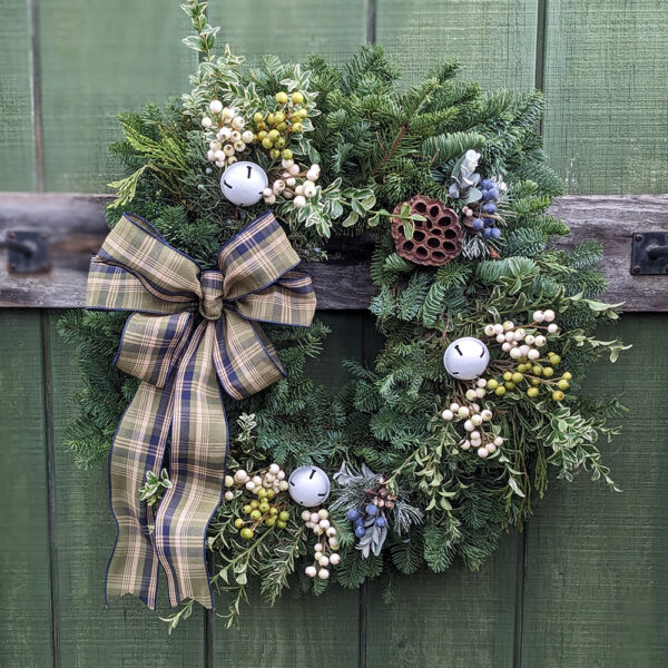 Custom Blue & Green Plaid 24" Fresh Mixed Greens Decorated Wreath