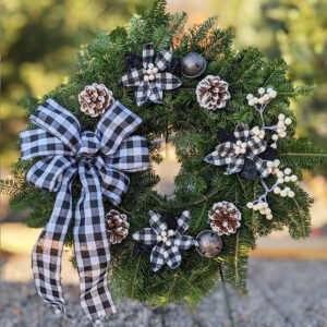 Custom Decorated Wreath - Black & White Plaid